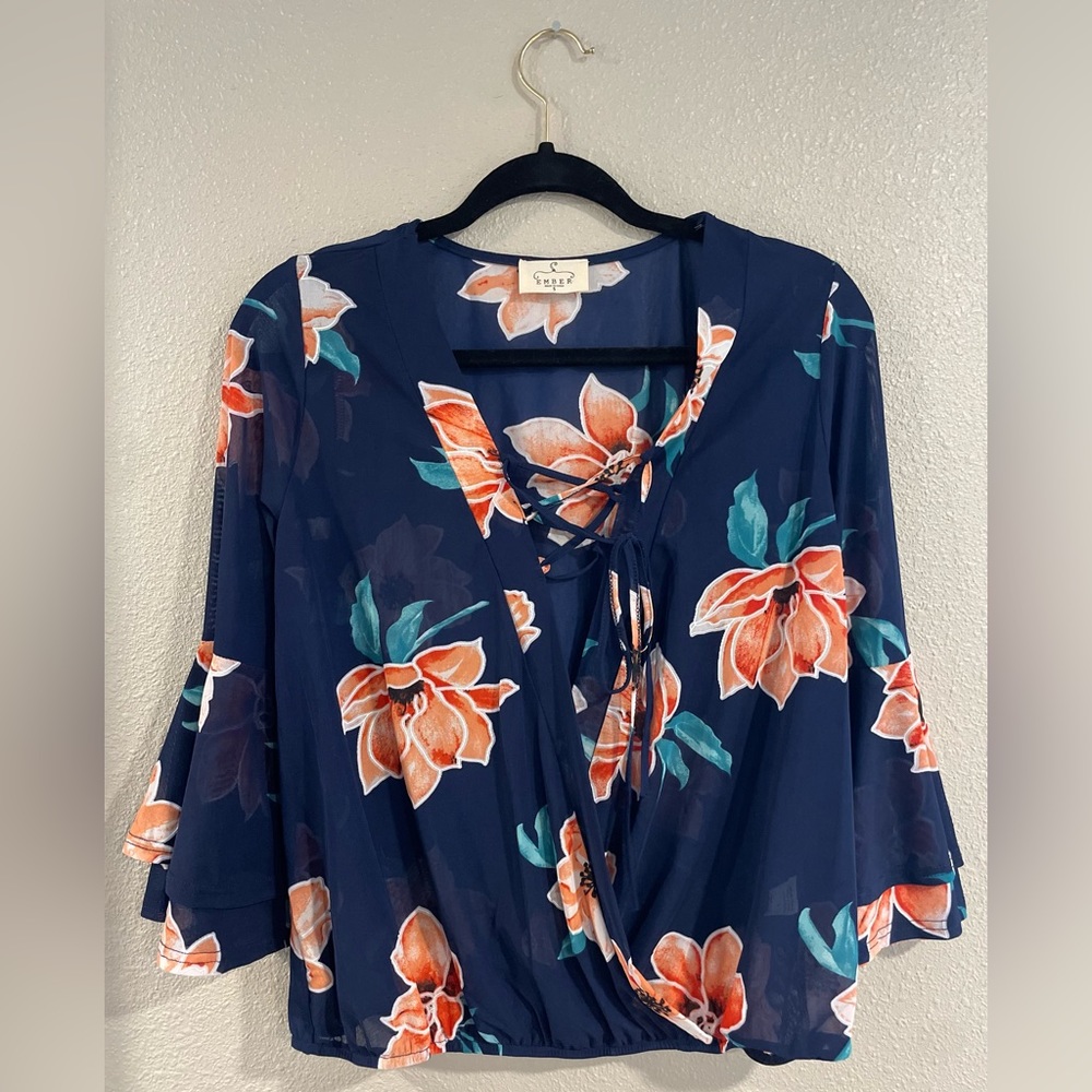 Navy Blue Flowered Blouse